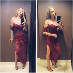 Revolve OTS Mesh Burgundy Asymmetrical Dress XS NWOT